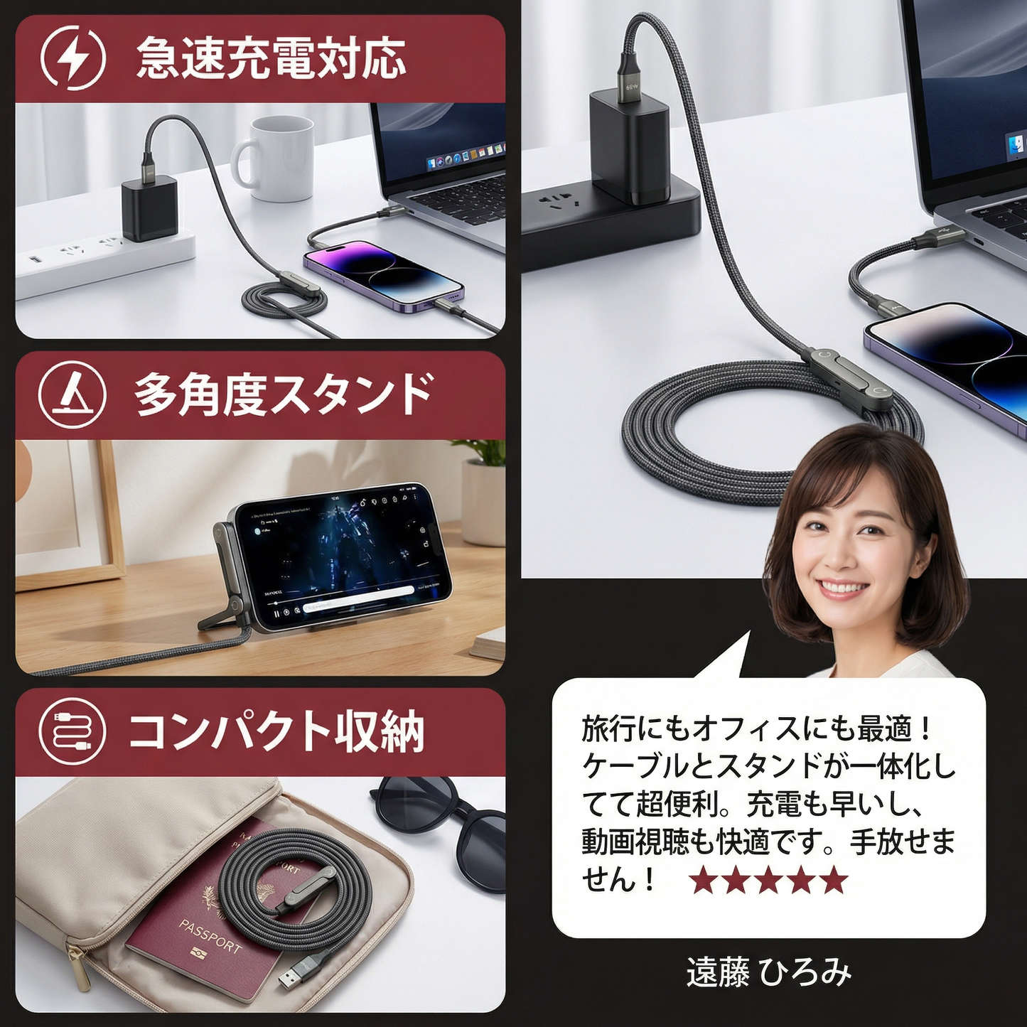 2in1 折りたたみ式 急速充電ケーブル＆スマートフォンスタンド
