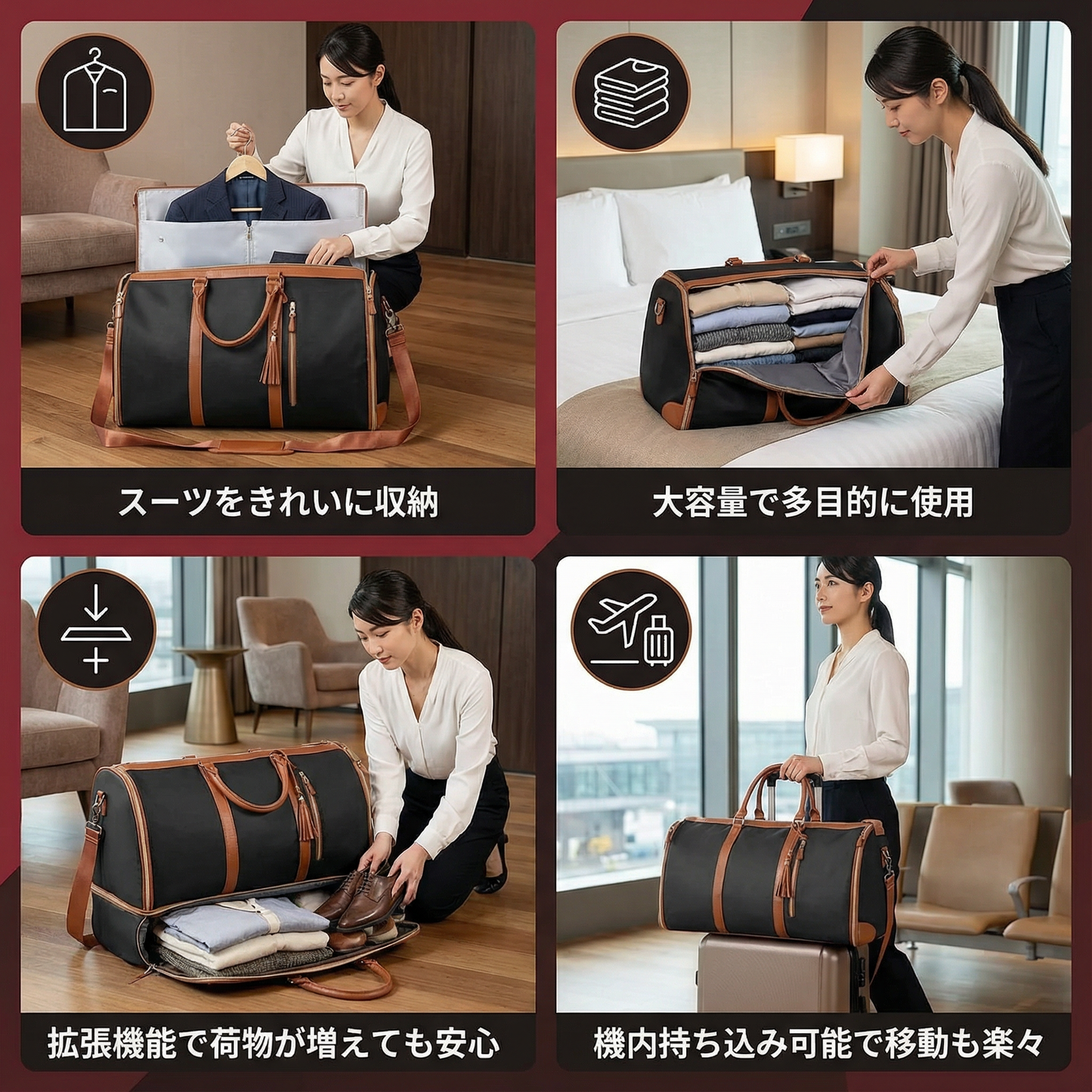 追加スペース付き旅行バッグ