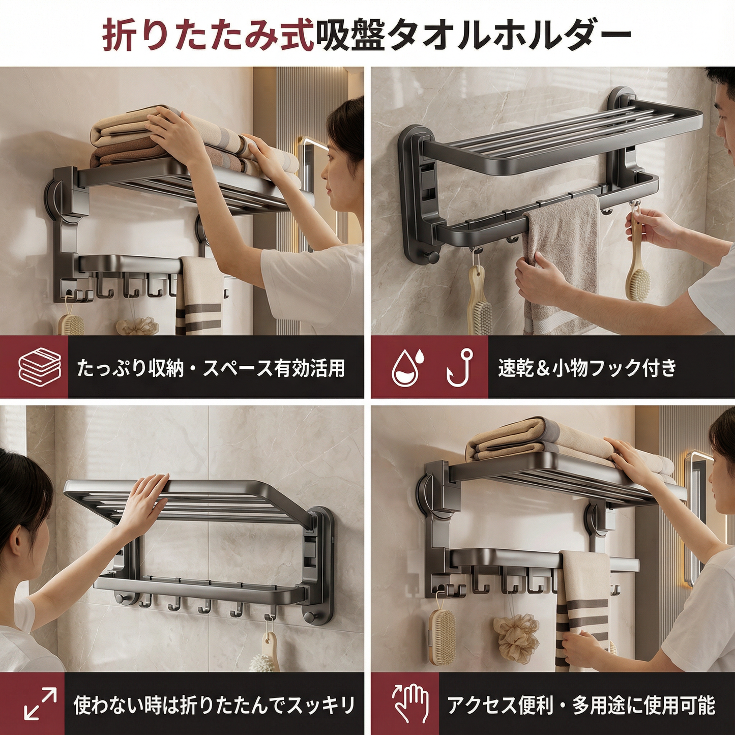 折りたたみ式吸盤タオルホルダー