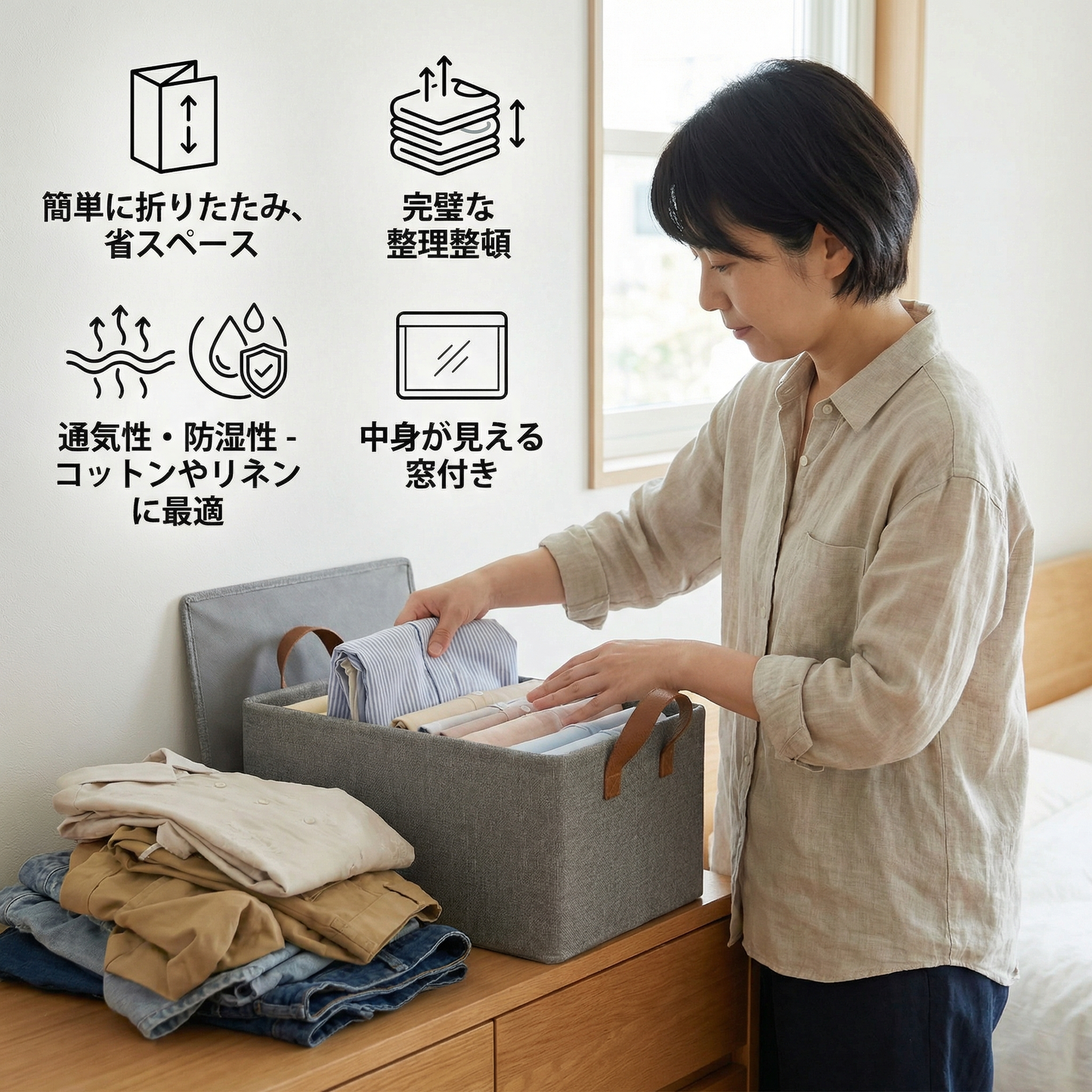 持ち手付き折りたたみ式衣類整理ボックス