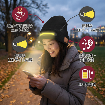 BluetoothヘッドフォンとLEDライトストリップが内蔵された暖かいニット帽