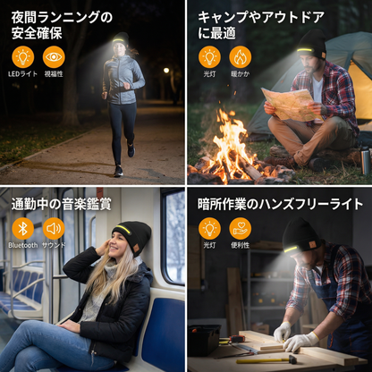 BluetoothヘッドフォンとLEDライトストリップが内蔵された暖かいニット帽