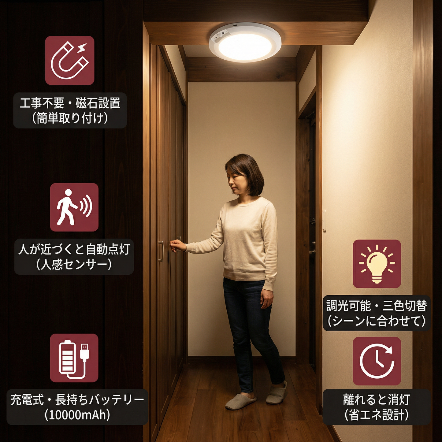調光可能なバッテリー式天井ライト モーションセンサー付き – 磁石式 & ワイヤレス