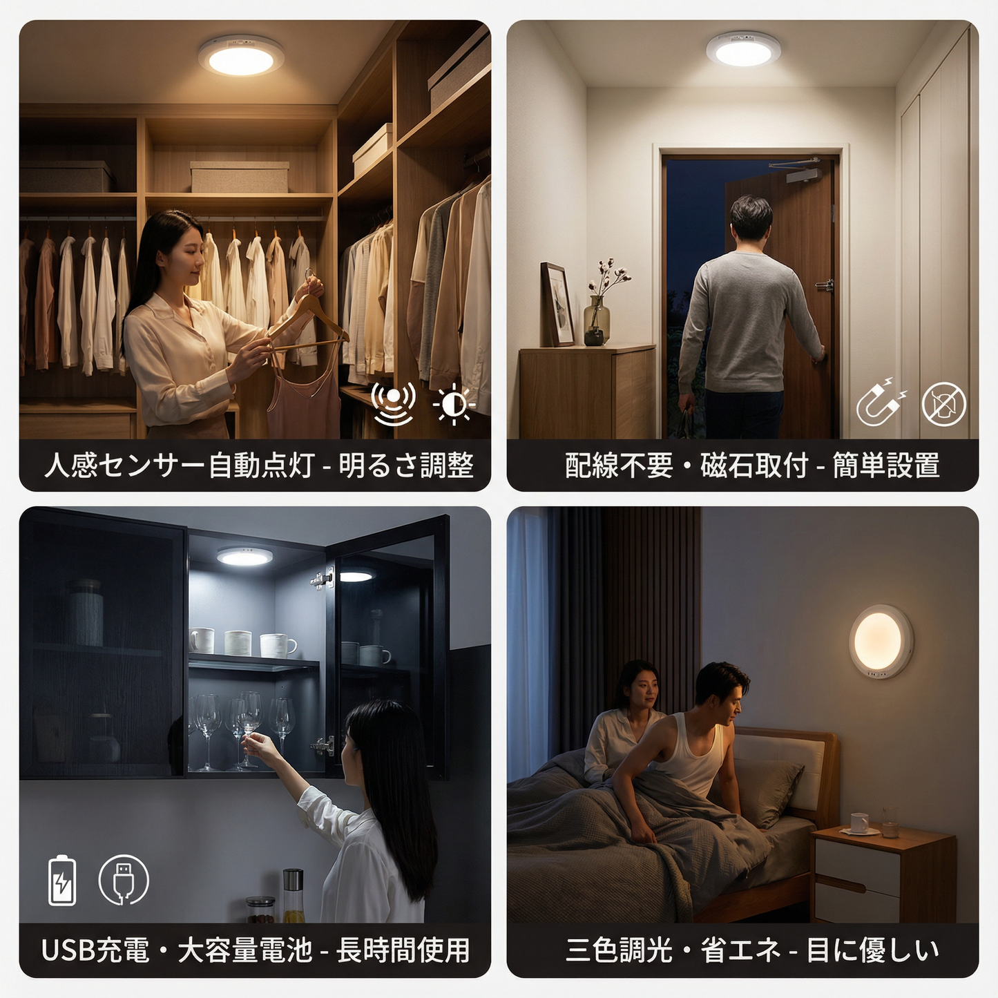 調光可能なバッテリー式天井ライト モーションセンサー付き – 磁石式 & ワイヤレス