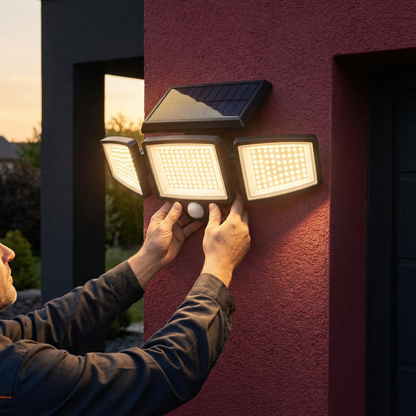 防水LEDソーラー屋外ライト 3つのスポットライト付き – 3つの照明モード＆動作検知照明