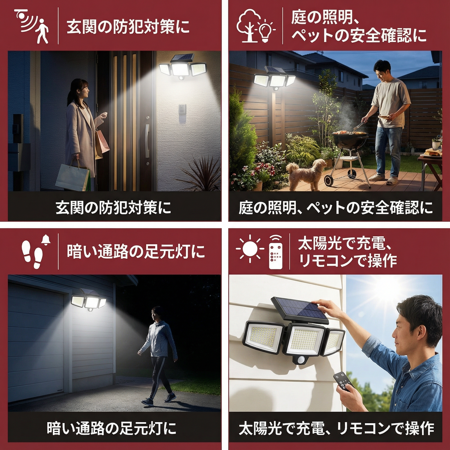 防水LEDソーラー屋外ライト 3つのスポットライト付き – 3つの照明モード＆動作検知照明