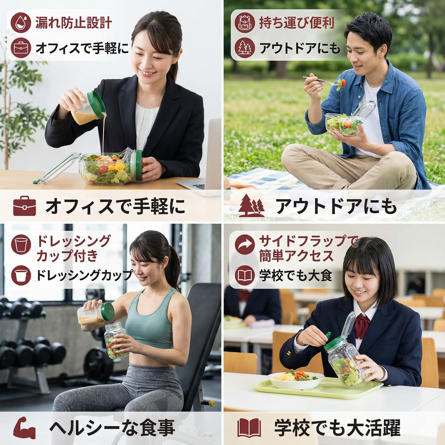サイドフラップ付きのランチボックス To-Go – 漏れ防止 & 持ち運び可能