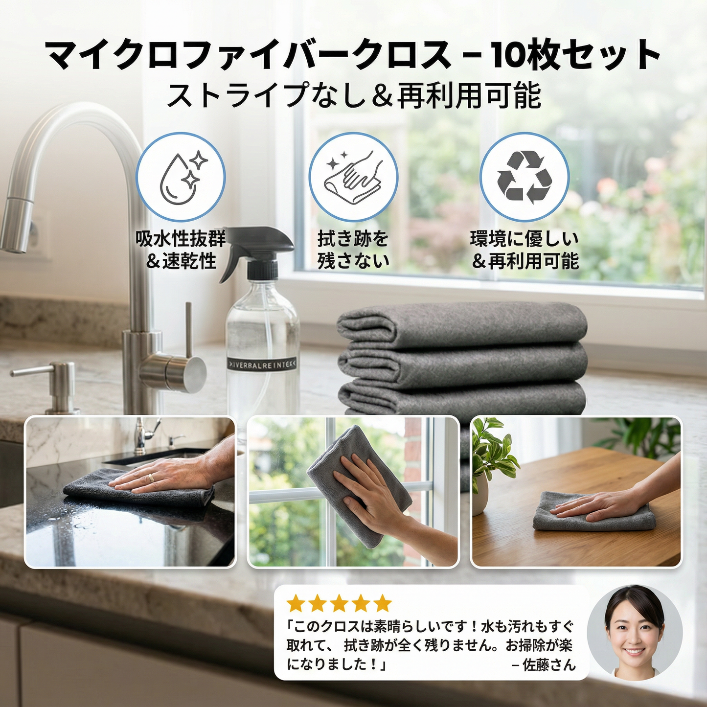 マイクロファイバークロス – 10枚セット | ストライプなし＆再利用可能