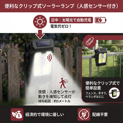 便利なクリップ式ソーラーランプ（人感センサー付き）
