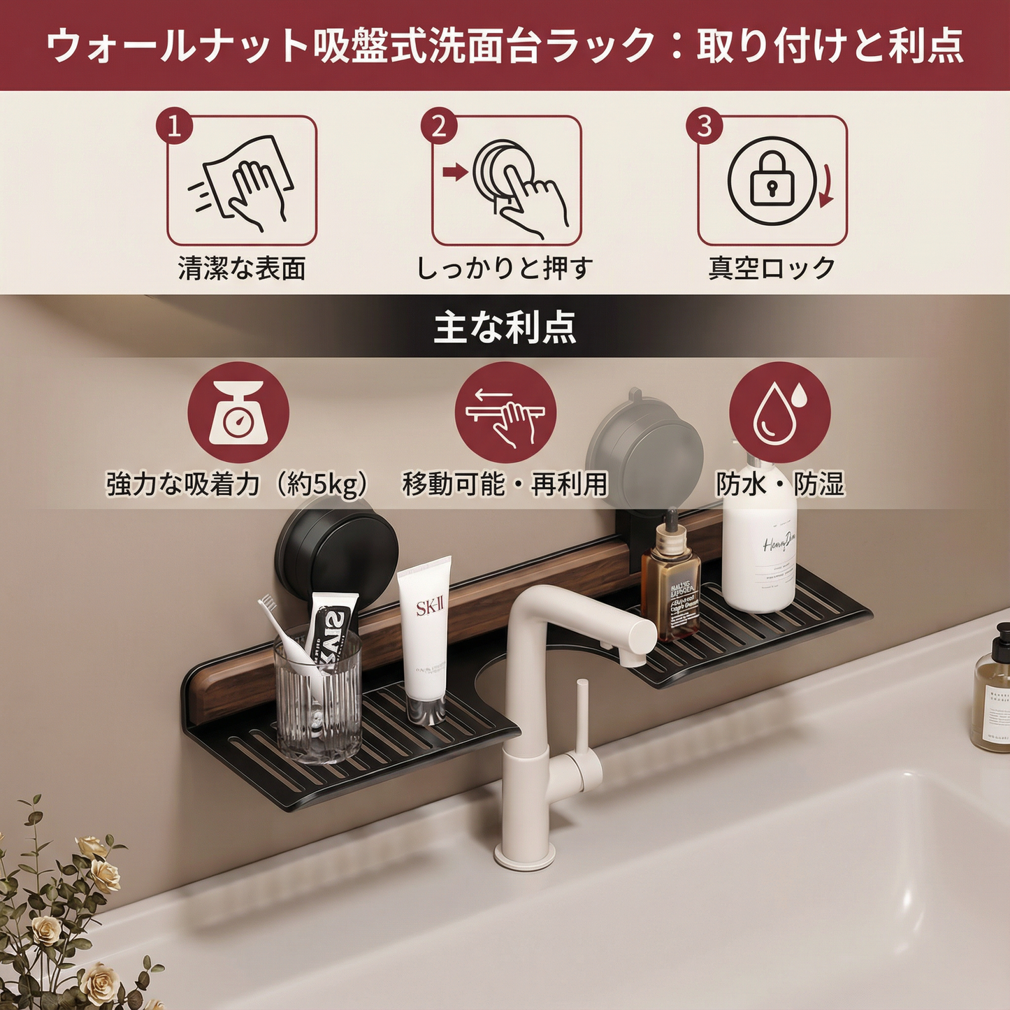 ウォールナットデザインのバスルーム吸盤式洗面台ラック