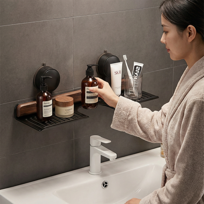 ウォールナットデザインのバスルーム吸盤式洗面台ラック