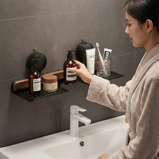 ウォールナットデザインのバスルーム吸盤式洗面台ラック
