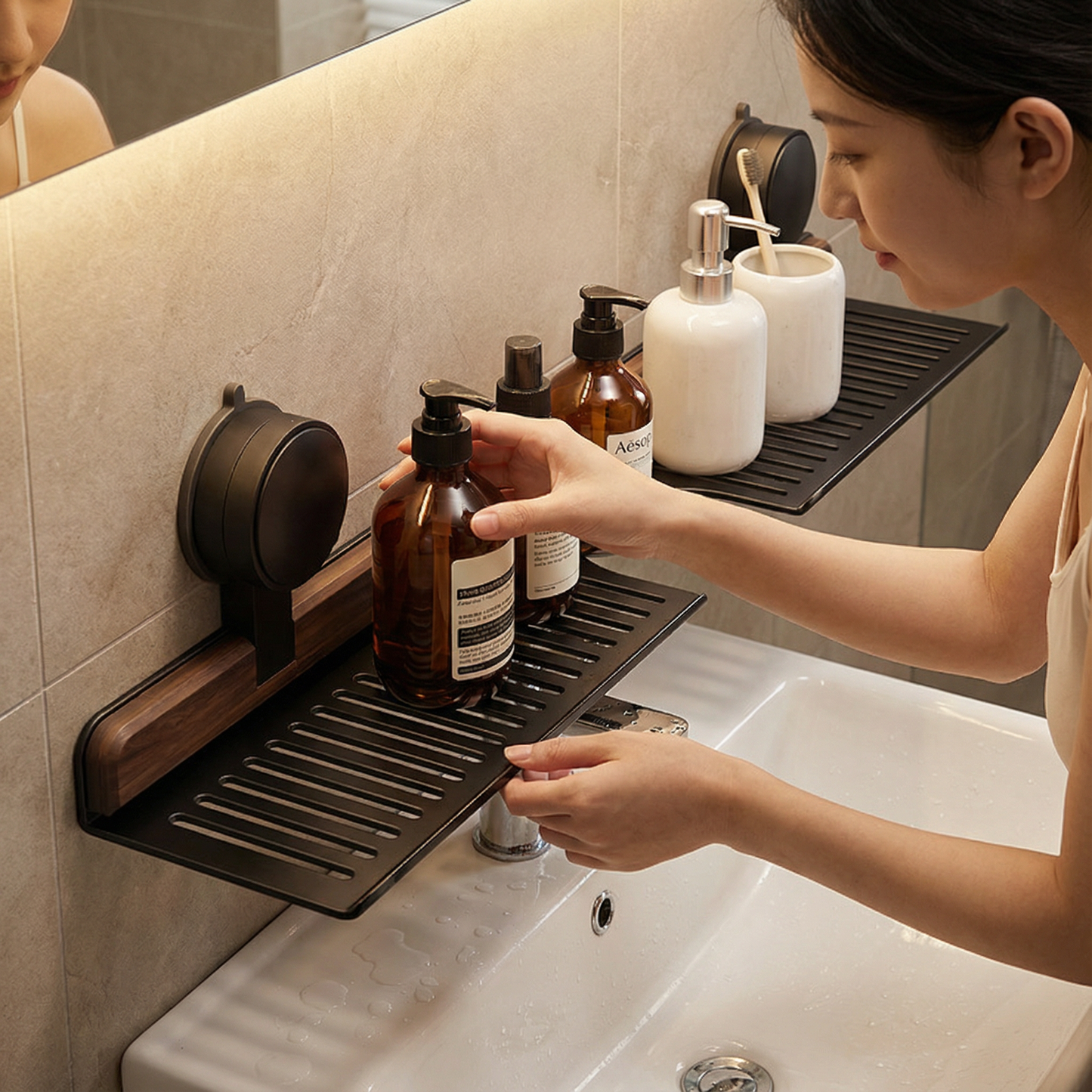 ウォールナットデザインのバスルーム吸盤式洗面台ラック