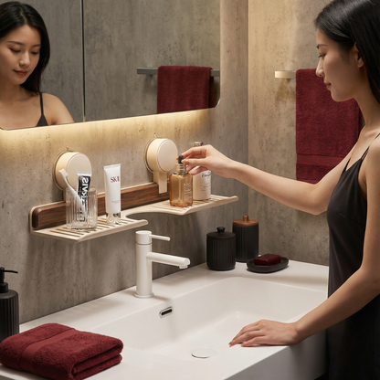 ウォールナットデザインのバスルーム吸盤式洗面台ラック