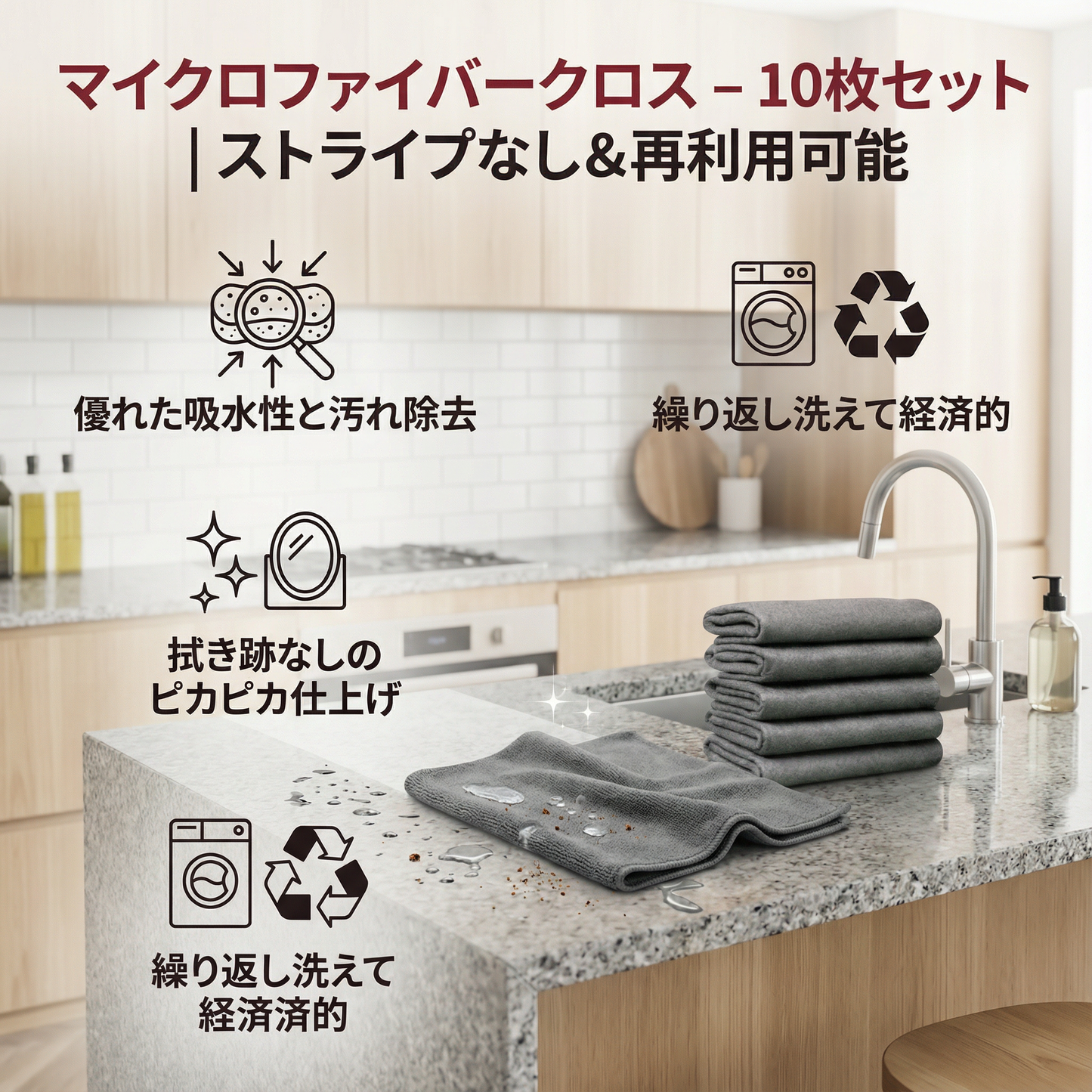 マイクロファイバークロス – 10枚セット | ストライプなし＆再利用可能
